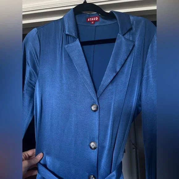 STAUD Royal Blue Satin Dress with Long-Sleeves Bell Sleeves Size M Modest Dress - Picture 4 of 10